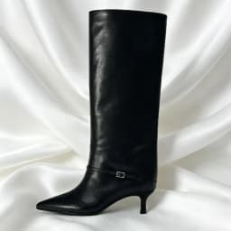 British Style Black Soft Leather Knee Boots Women Luxury Buckle Kitten Heel Designer Boots Sexy Pointed Toe Botas Invierno Mujer