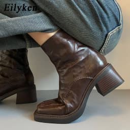 Eilyken Spring Autumn Retro Ankle Boots Women Square Heel Back Zipper Shoes Designer Split Stitching Slim Short Booties