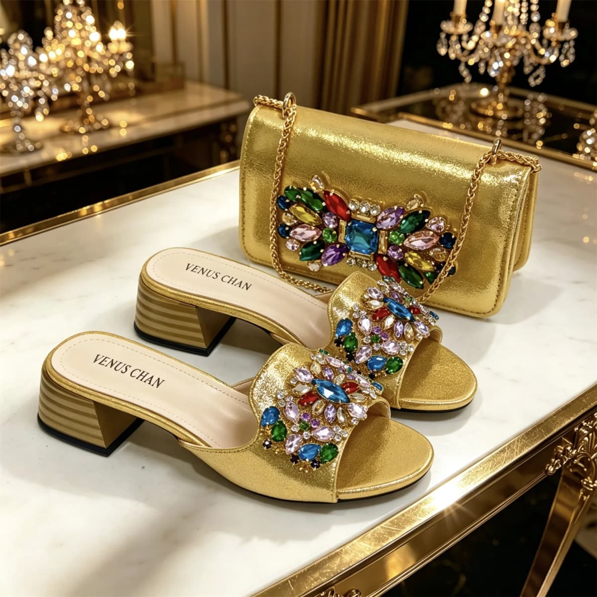 2026 Gold Rhinestone Women's Sandals & Bag Set – Block Heel Mules with Peep Toe for Wedding, Prom, and Evening Formal Events