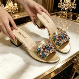 2026 Gold Rhinestone Women's Sandals & Bag Set – Block Heel Mules with Peep Toe for Wedding, Prom, and Evening Formal Events