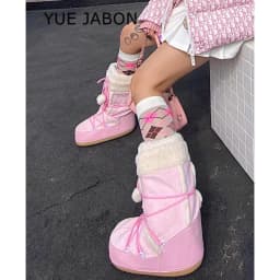 Pink New Winter Fluffy Women's Snow Boots Outdoor Faux Fur Cotton Boots Waterproof Middle Calf Platform Shoes Female Ski Boots
