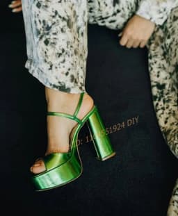 Metallic Green Platform Peep Toe High Heel Sansals Women Ankle Strap Chunky Heeled Sexy Evening Party Ladies Shoes