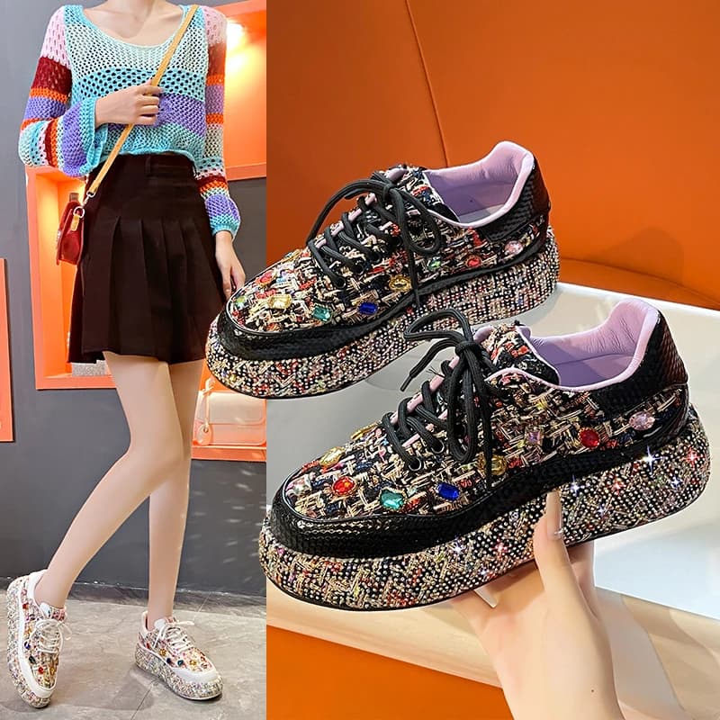 Women's Bead Decoration Luxury Platform Sneakers Diamond Shining Crystal Sports Shoes Designer Shoes Trendy Casual Flat Shoes
