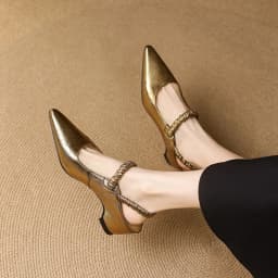 NEW Summer Women Sandals Genuine Leather Shoes for Women Pointed Toe Strange Heel Shoes Gold Cover Toe Slingback Modern Sandals