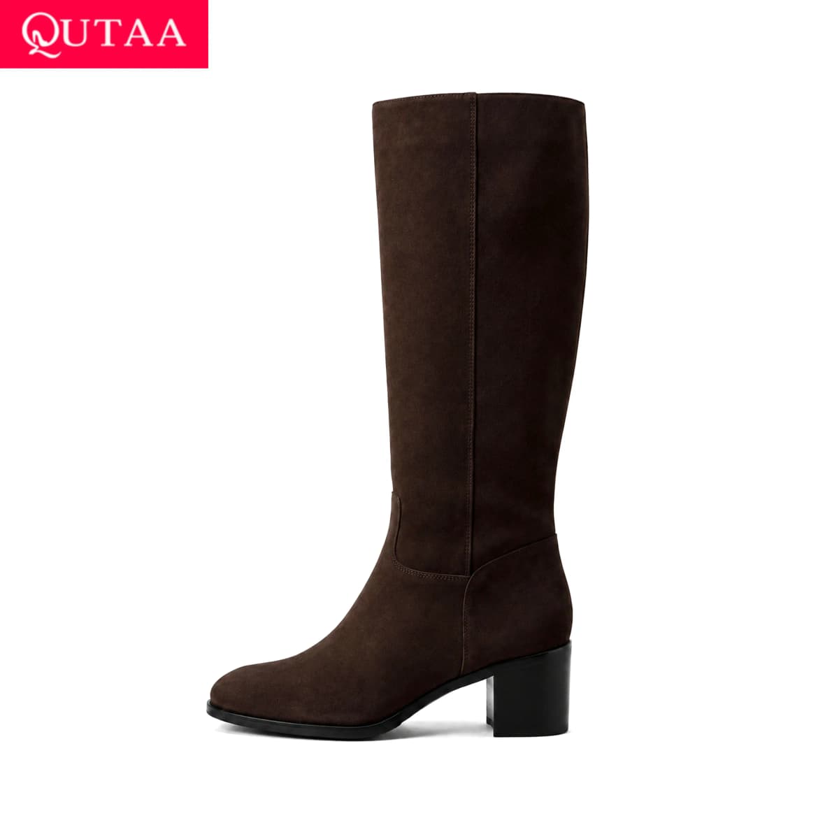 QUTAA Fashion Winter Women Knee High Boots Woman Cow Suede Shoes High Heels Autumn Casual Motorcycle Western Long Boots 34-43