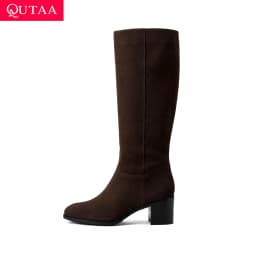 QUTAA Fashion Winter Women Knee High Boots Woman Cow Suede Shoes High Heels Autumn Casual Motorcycle Western Long Boots 34-43