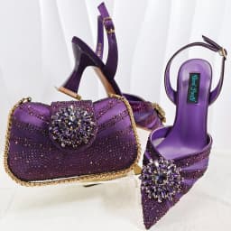 INS Elegant Mature Style Purple Color Party Wedding Pointed Toe Women High Heels and Bag Set Decorated With Colorful Rhinestone