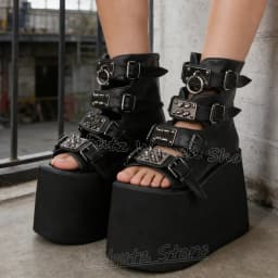 Metal Decor Platform Sandal Ankle Boot Leather Solid Color Belt Buckle Women Shoes Round Toe Height Increasing Luxury Summer New