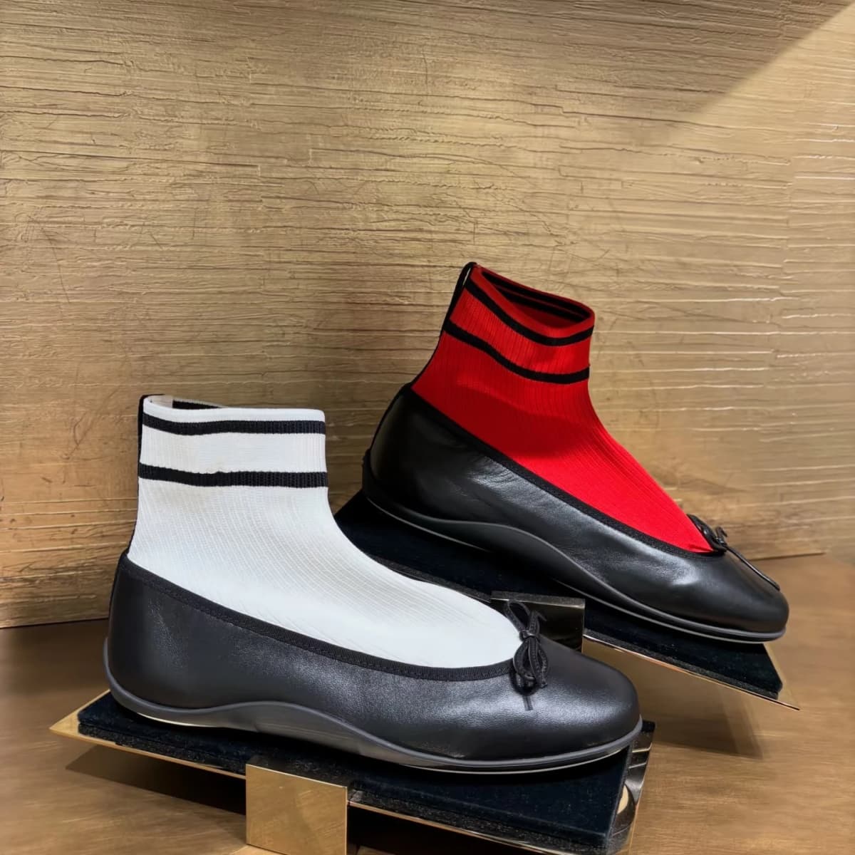 Sweet Bowknot Elastic Sock Boots Women's Genuine Leather Ballet Flat Shoes Patchwork Round Head Low Heel Mary Jane Single Shoes