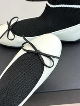 Sweet Bowknot Elastic Sock Boots Women's Genuine Leather Ballet Flat Shoes Patchwork Round Head Low Heel Mary Jane Single Shoes