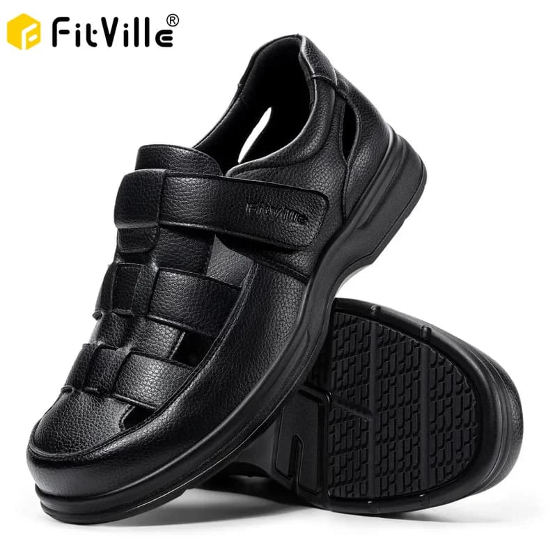 FitVille Men'S Extra Wide Leather Open Toe Sports Sandals, Orthopedic Diabetic Non Slip Support Sandals For Summer Outdoor