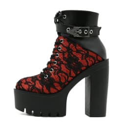 Gdgydh Gothic Vintage Lace Red High Heel Ankle Boots with Platform Sole Ankle Strap Women Boots for Dressy Occasions Cosplay
