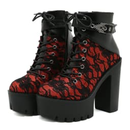 Gdgydh Gothic Vintage Lace Red High Heel Ankle Boots with Platform Sole Ankle Strap Women Boots for Dressy Occasions Cosplay