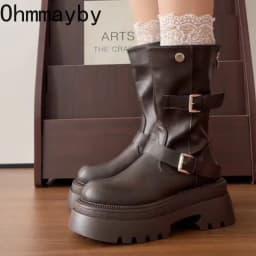 Slim Fit Motorcycle Mid Calf Boots Women Platform Thick Sole Double Buckle Strap Faux Leather Slip On Autumn Winter Ladies Boots