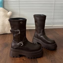 Slim Fit Motorcycle Mid Calf Boots Women Platform Thick Sole Double Buckle Strap Faux Leather Slip On Autumn Winter Ladies Boots