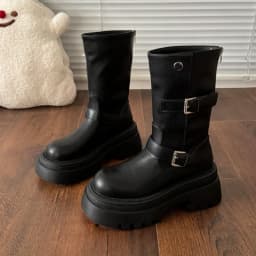 Slim Fit Motorcycle Mid Calf Boots Women Platform Thick Sole Double Buckle Strap Faux Leather Slip On Autumn Winter Ladies Boots