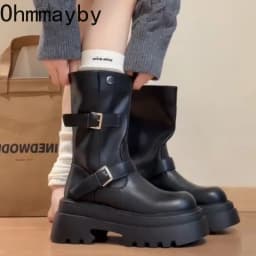 Slim Fit Motorcycle Mid Calf Boots Women Platform Thick Sole Double Buckle Strap Faux Leather Slip On Autumn Winter Ladies Boots