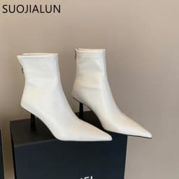 SUOJIALUN 2024 Winter New Brand Women Ankle Boots Fashion Pointed Toe Ladies Elegant Short Boots Shoes Thin High Heel Chelsea Pu