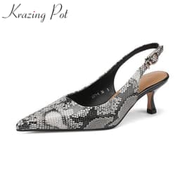 Krazing Pot Genuine Leather Snake Patterns Big Size 42 High Heels Pointed Toe Summer Shoes Slingback Buckle Straps Women Pumps