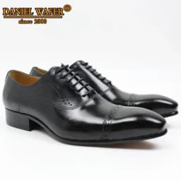 Genuine Leather Oxford Dress Shoes Men Lace Up Cap Toe Office Wedding Shoes Black Brown Brogue Pointed Oxfords Formal Shoes Men