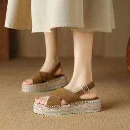 Petite Feet Women Espadrilles T-Strap Sandals Lady Platform Black Khaki Cow Suede Open Toe Dress Shoes Plus Size 43 SmallHut-908