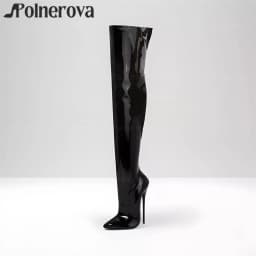 16cm Stiletto over the Knee Boots Black Patent Leather Pointed Toe Sexy Boots Designer Style Women's Large Size High Heel Boots
