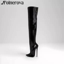 16cm Stiletto over the Knee Boots Black Patent Leather Pointed Toe Sexy Boots Designer Style Women's Large Size High Heel Boots