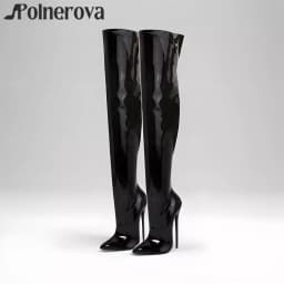 16cm Stiletto over the Knee Boots Black Patent Leather Pointed Toe Sexy Boots Designer Style Women's Large Size High Heel Boots