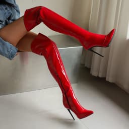 Women Red Patent Leather Thigh High Boots Stiletto Heel Over Knee Zipper Pointed Toe Party Club Shoes