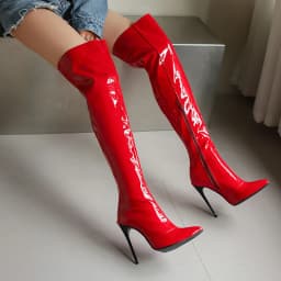 Women Red Patent Leather Thigh High Boots Stiletto Heel Over Knee Zipper Pointed Toe Party Club Shoes