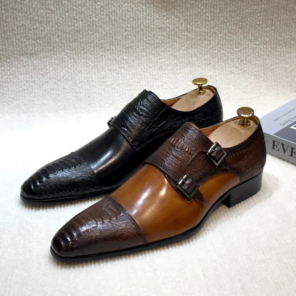 Men's Handmade Brown Monk Shoes Double Buckle Genuine Cow Leather Luxury Wedding Business Formal Basic Men's Footwear