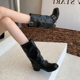 Arden Furtado Spring Cowhide Trouser Legs Boots Round Toe Belt Buckle Turned-Over Edge Chunky Heels Mid-Calf Boots