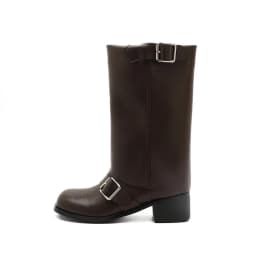 Arden Furtado Spring Cowhide Trouser Legs Boots Round Toe Belt Buckle Turned-Over Edge Chunky Heels Mid-Calf Boots