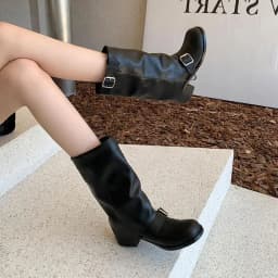 Arden Furtado Spring Cowhide Trouser Legs Boots Round Toe Belt Buckle Turned-Over Edge Chunky Heels Mid-Calf Boots