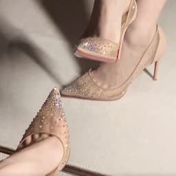 Summer New Lace Mesh Breathable High Heels Women's Fine Heels Sexy Bare Color Pointed Single Shoes Water Diamond Wedding Shoes
