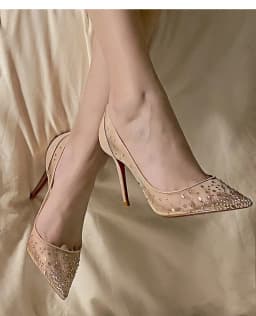 Summer New Lace Mesh Breathable High Heels Women's Fine Heels Sexy Bare Color Pointed Single Shoes Water Diamond Wedding Shoes