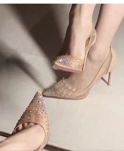 Summer New Lace Mesh Breathable High Heels Women's Fine Heels Sexy Bare Color Pointed Single Shoes Water Diamond Wedding Shoes
