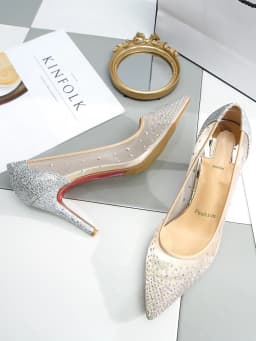 Summer New Lace Mesh Breathable High Heels Women's Fine Heels Sexy Bare Color Pointed Single Shoes Water Diamond Wedding Shoes