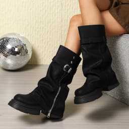 Women's High-Heeled Pants Boots Spring and Autumn New Fashion Single-Lined Boots Round Toe Chunky Heel Mid-Calf Large Size