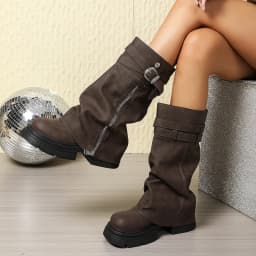 Women's High-Heeled Pants Boots Spring and Autumn New Fashion Single-Lined Boots Round Toe Chunky Heel Mid-Calf Large Size