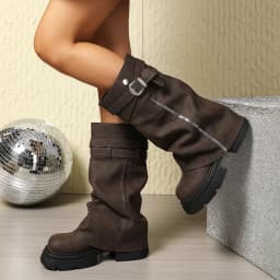 Women's High-Heeled Pants Boots Spring and Autumn New Fashion Single-Lined Boots Round Toe Chunky Heel Mid-Calf Large Size