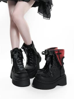 Night Visitor Gururu Original Subcultural Flip Up Round Head Gothic Cross Thick Bottom Short Boots Sweet Girl Short Boots