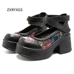ZXRYXGS Top Layer Cowhide Splicing Embroidery Flowers Women Fashionable Pumps 2026 Elegant Comfortable High Heels Trendy Shoes