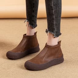 Fall/Winter Genuine Leather Ankle Boots Women Warm Non-Slip Shoes Flat Boots Fashion Rear Zipper Design Round Toe Flat Sneakers