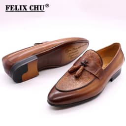 FELIX CHU Men's Genuine Leather Tassel Loafers Italian Luxury Fashion Slip-On Dress Shoes for Parties Weddings Casual Wear
