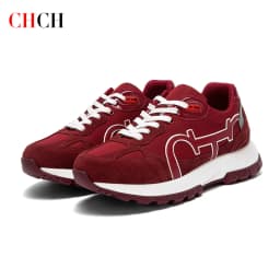 CHCH Women's Casual Shoes 2024 New Wine Red Retro Cow Leather Splicing Design Walking Shoes Skeleton Correction