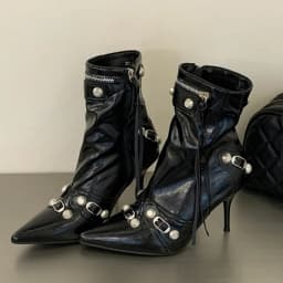 Pointed‑Toe High Heel Ankle Boots for Women Punk Rivet Metal Buckle Decor Thin Heel Short Boots Party Evening Leather Shoes