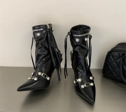Pointed‑Toe High Heel Ankle Boots for Women Punk Rivet Metal Buckle Decor Thin Heel Short Boots Party Evening Leather Shoes