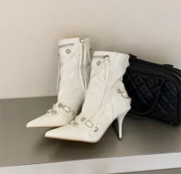 Pointed‑Toe High Heel Ankle Boots for Women Punk Rivet Metal Buckle Decor Thin Heel Short Boots Party Evening Leather Shoes
