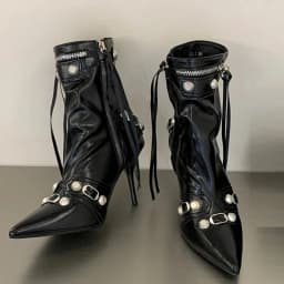 Pointed‑Toe High Heel Ankle Boots for Women Punk Rivet Metal Buckle Decor Thin Heel Short Boots Party Evening Leather Shoes